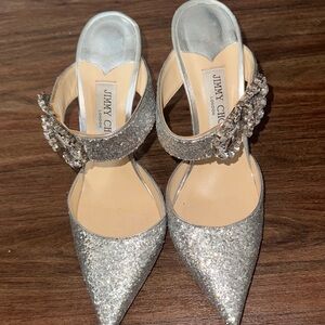 Jimmy Choo Sparkling Silver Heels Jimmy Choo Crystal Buckle Glitter Heels